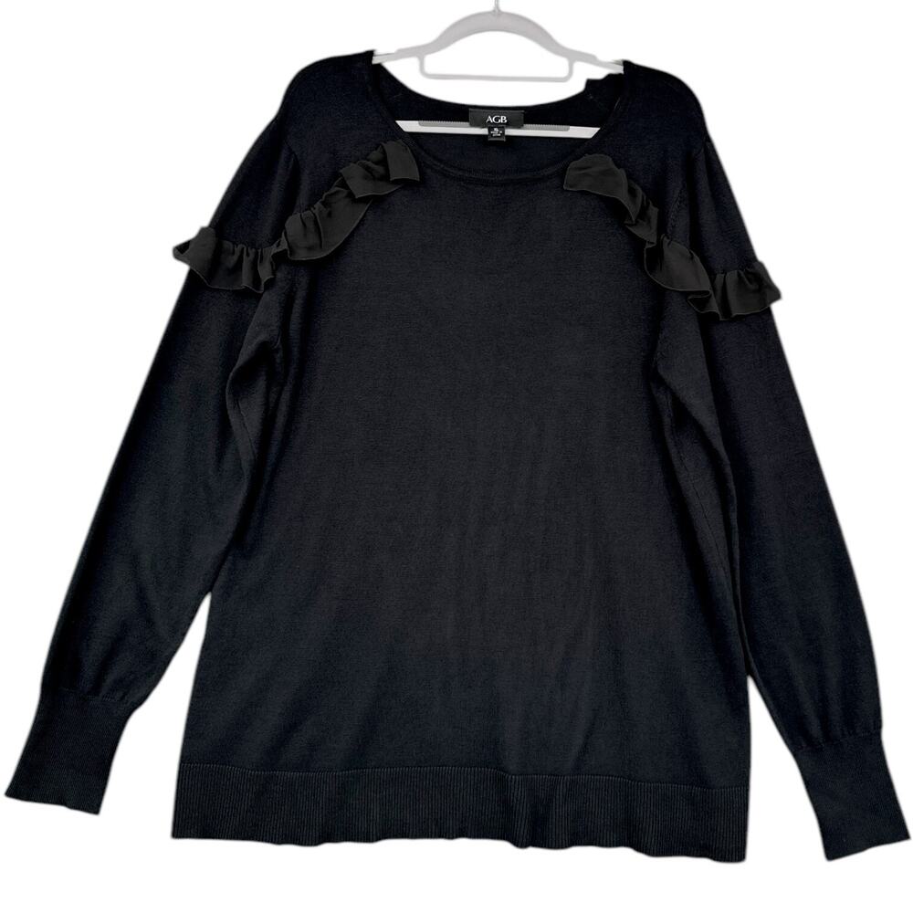 AGB‎ Black Ruffled Shoulder Detail Long Sleeve Crew Neck Pullover Sweater XL